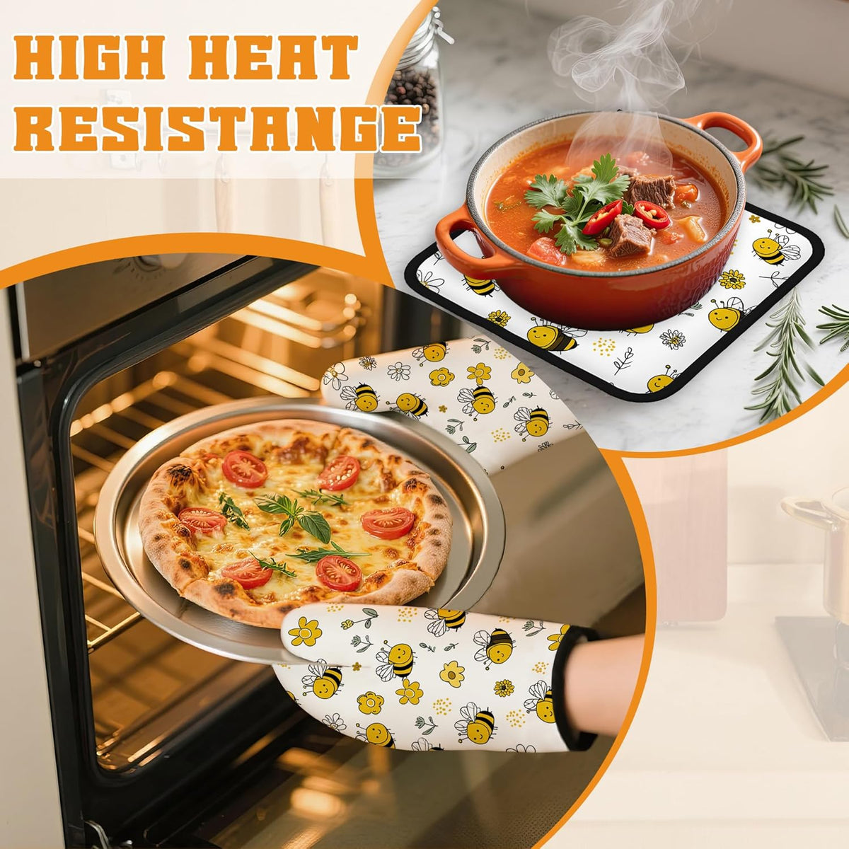 Cute Bee Oven Mitts and Pot Holders,Flower Heat Resistant Oven Mitts Gloves and Pot Holder for Home Kitchen Decorations Cooking Baking BBQ Gifts,Set of 4
