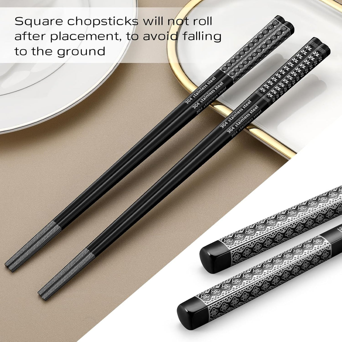 8 Pairs Metal Chopsticks Reusable Black Stainless Steel Chopsticks Set Laser Engraved Non-slip Japanese Korean Chinese Chopstick for Cooking Eating Dishwasher Safe 9.25" Chop Sticks Gift Set