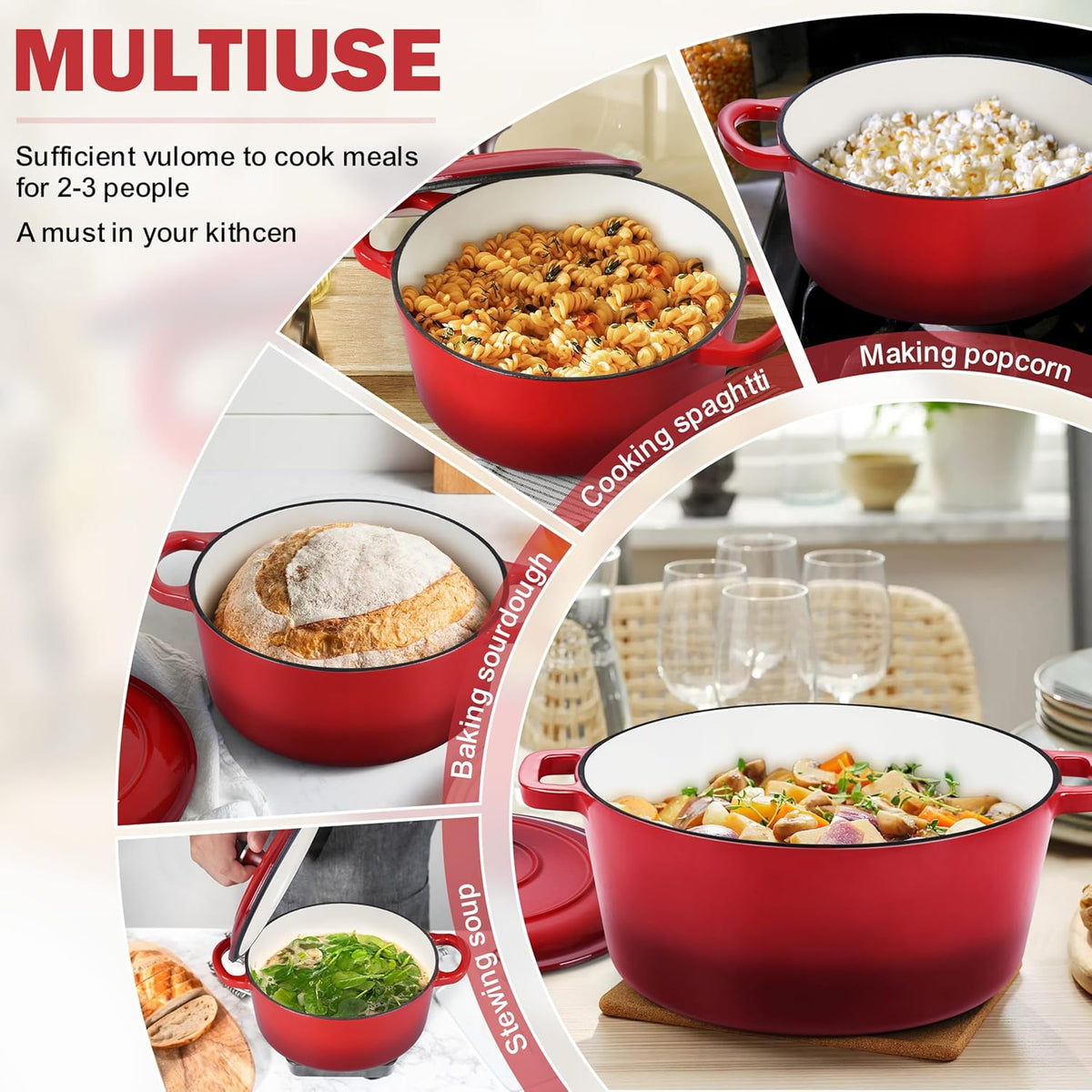 Small 3 Quart Dutch Oven, HaSteeL Round Cast Iron Cooking Pot with Lid, Nonstick Enameled Cookware for Sourdough Bread Baking Roasting Stewing Braising Frying, Heavy Duty & Oven Safe 500℉, Red