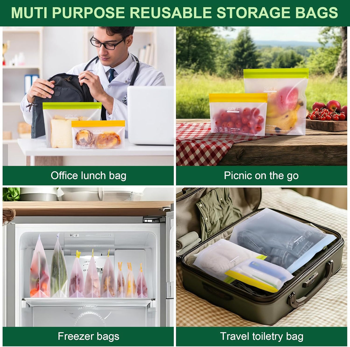 SPLF 10 Pack Stand-Up Reusable Snack Bags Dishwasher Safe, BPA Free Food Storage Bags, Extra Thick Leakproof Freezer Bags Silicone Snack Pouch For Candy, Fruits, Cereal, Home Organization