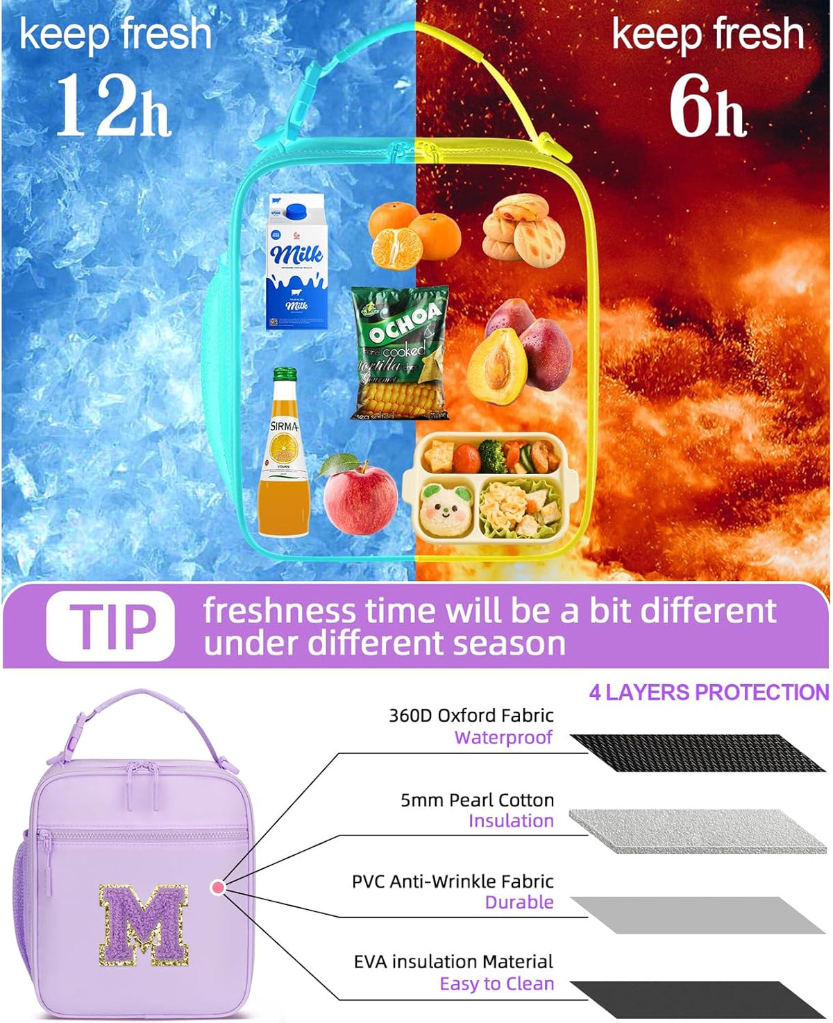 Initial Insulated Lunch Bag for Girls Kids, Back to School Gift, Reusable Leak-proof Lunch Box with Adjustable Strap for School Daycare Travel Picnic (Purple,M)