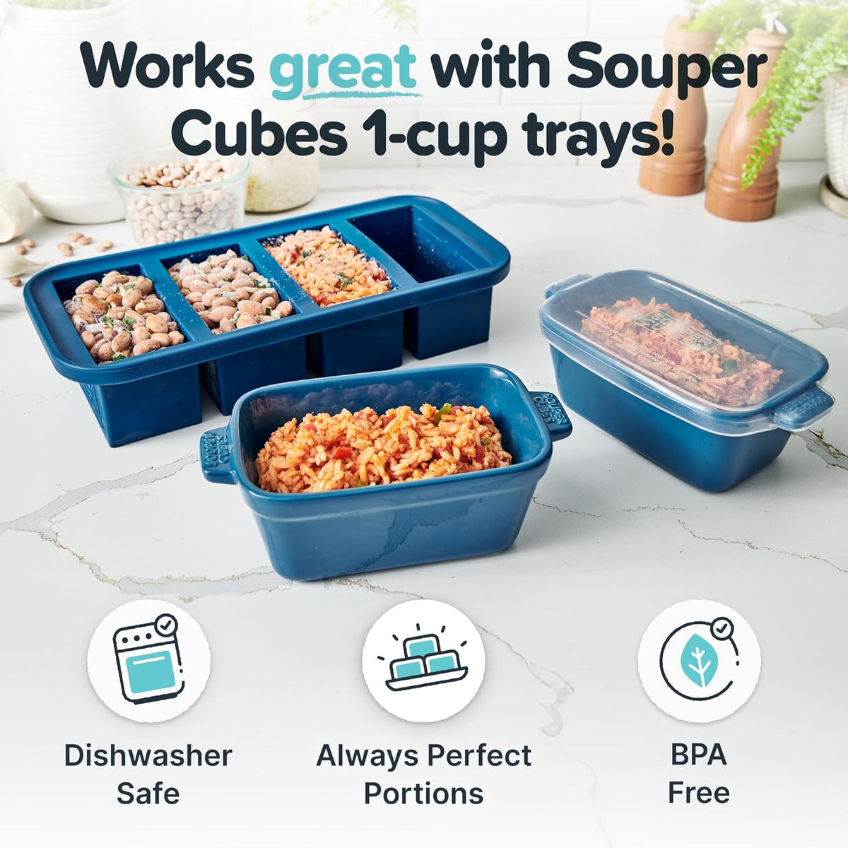 Souper Cubes Stoneware - Small Ceramic 5" x 3" Baking Dish with Silicone Covers, Small Baking Dishes for Oven Perfect for Reheating Single Serve Portions, Set of 4 - Blueberry