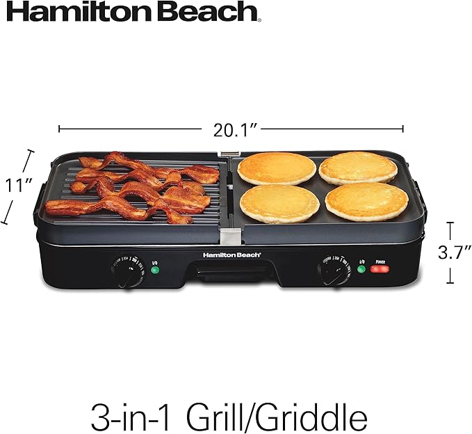 Hamilton Beach 3-in-1 Electric Indoor Grill + Griddle, 8-Serving, Reversible Nonstick Plates, 2 Cooking Zones with Adjustable Temperature (38546), Black