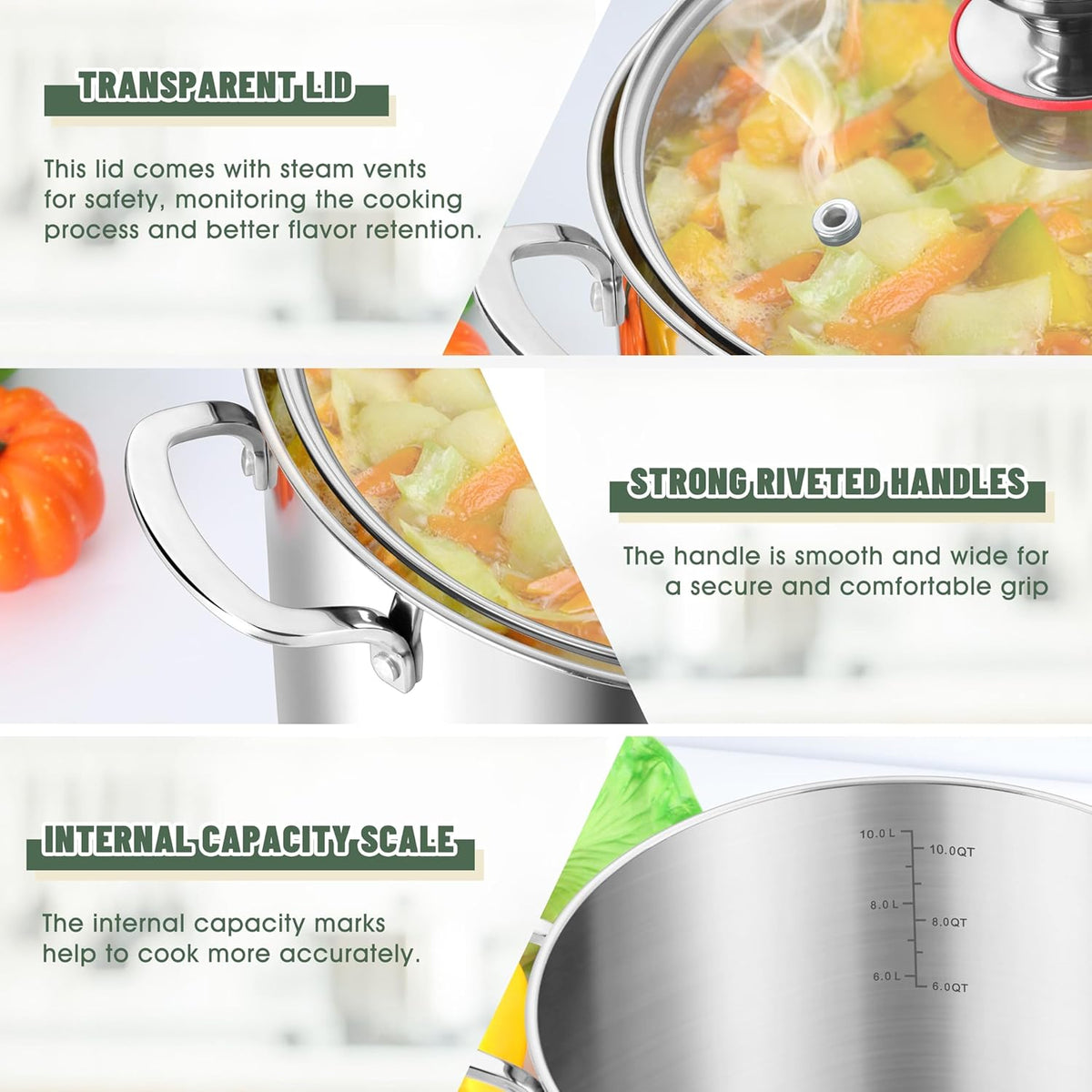 Herogo 12 Quart 18/10 Stainless Steel Stock Pot with Lid, Large Heavy Duty Soup Pot Compatible with Electric, Gas, Induction and Gas Cooktops, Dishwasher Safe