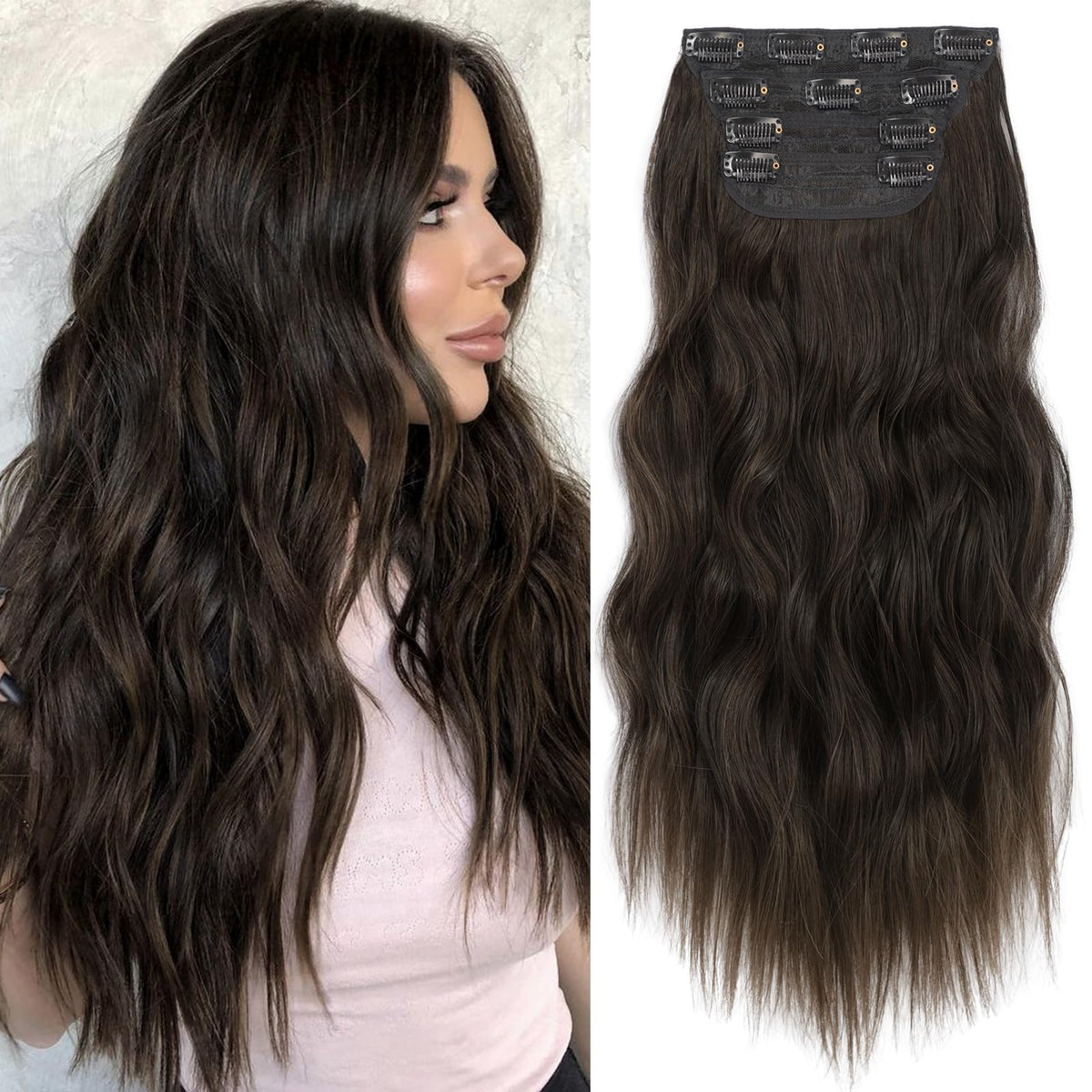 Kookastyle Clip In Synthetic Hair Extensions Long Wavy 4Pcs Thick Hairpieces Dark Walnut Brown Fiber Double Weft Natural Hair Ex