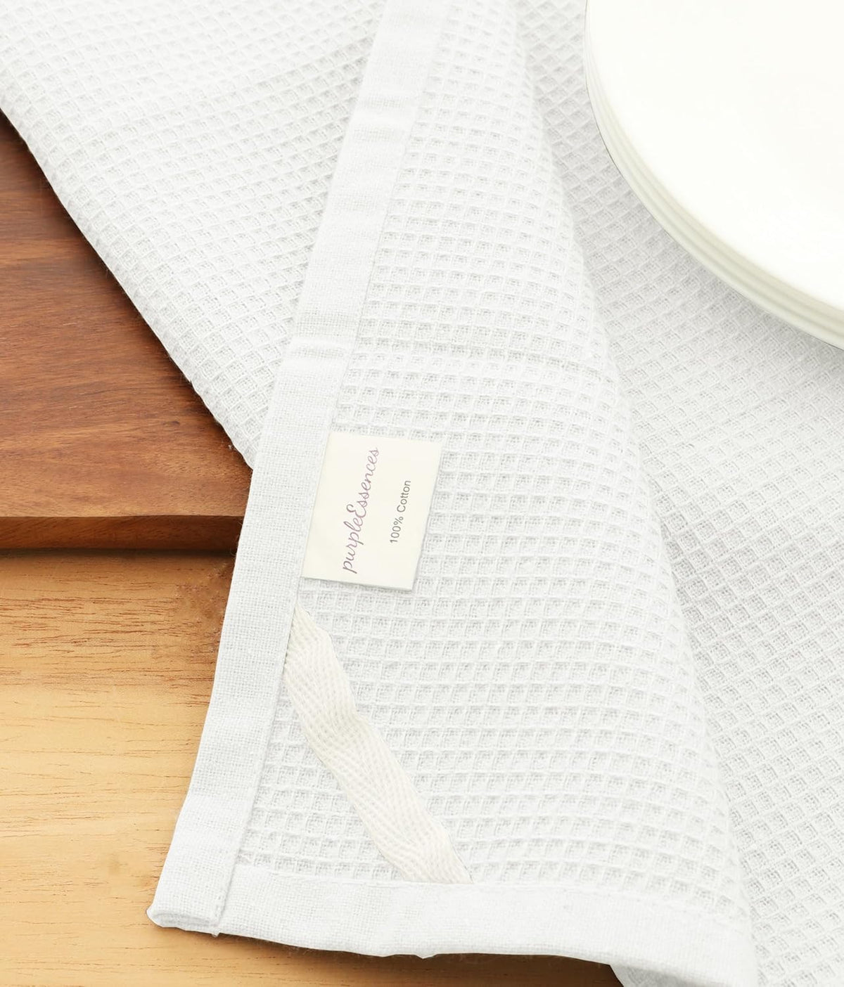 PurpleEssences Waffle Weave Kitchen Towel, 100% Cotton - 15 x 25 Inches, with Hanging Loop Ultra Soft Absorbent Quick Drying Dish Cloth, Tea and Hand Towels, 6 Pack - Spring Summer - White