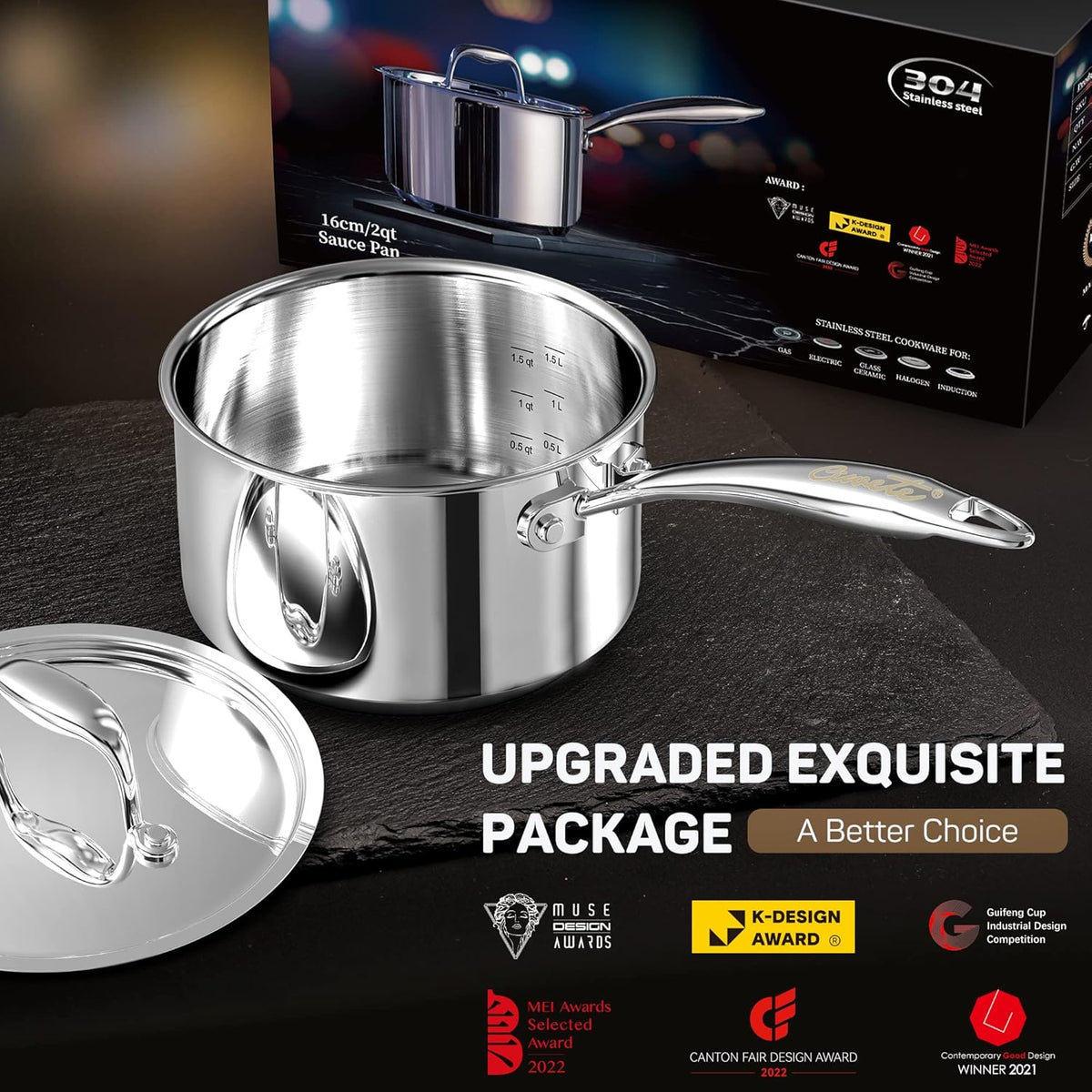 2 Quart Sauce Pan with Lid, Tri Ply Stainless Steel Saucepan 2 Qt with Stainless Steel Lid, 2 Measuring Lines, Upgraded Packaging, Cool Ergonomic Handle, Dishwasher & Oven Safe