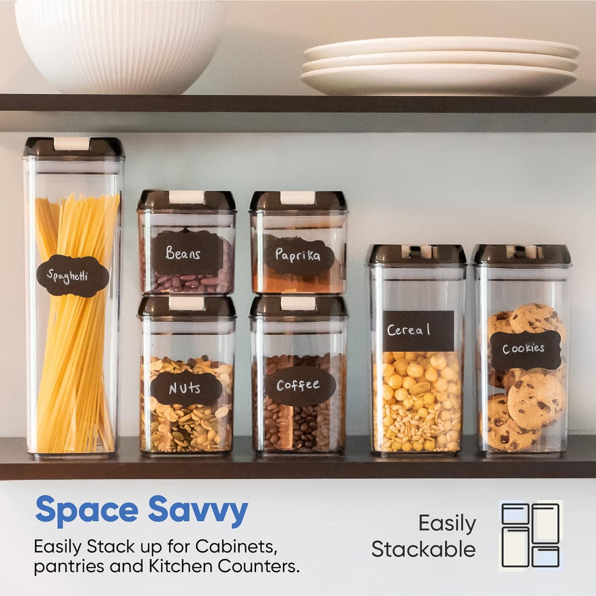 Chef's Path - Set of 7 Airtight Food Storage Containers for Kitchen Storage - Clear Plastic - Durable Strong Lids - Labels and Chalk Marker