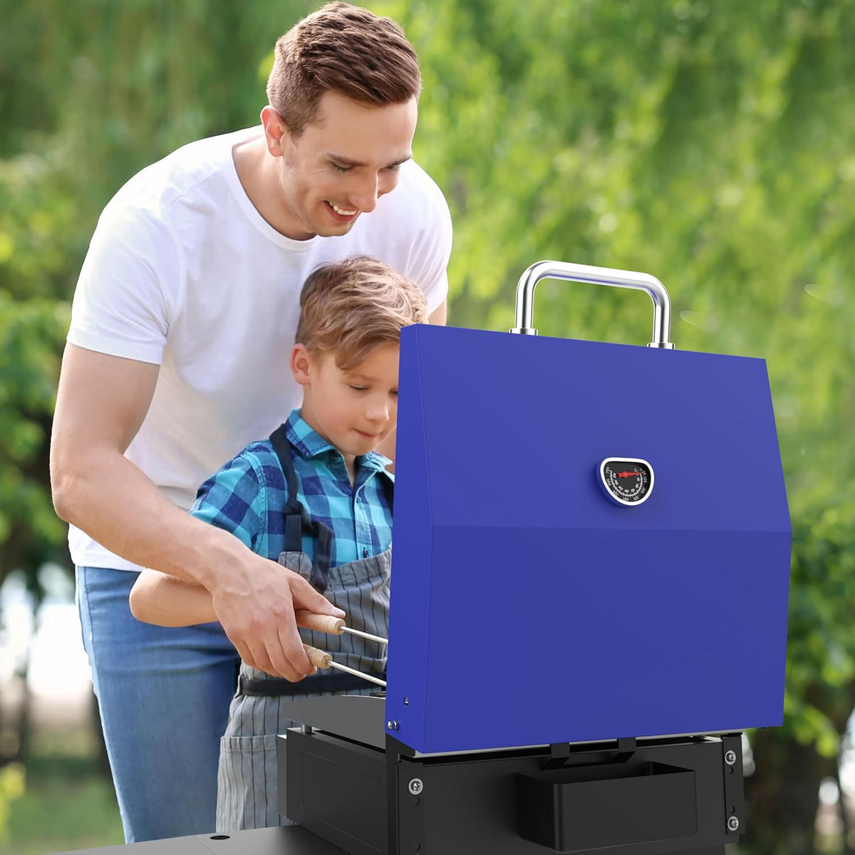 Hard Cover Hood with Temperature Gauge for Blackstone 17 inch Table Top Griddle, Hinged Lid for Blackstone 17" Front or Rear Grease Model 1650, 1832 and More Portable Grill, Blue