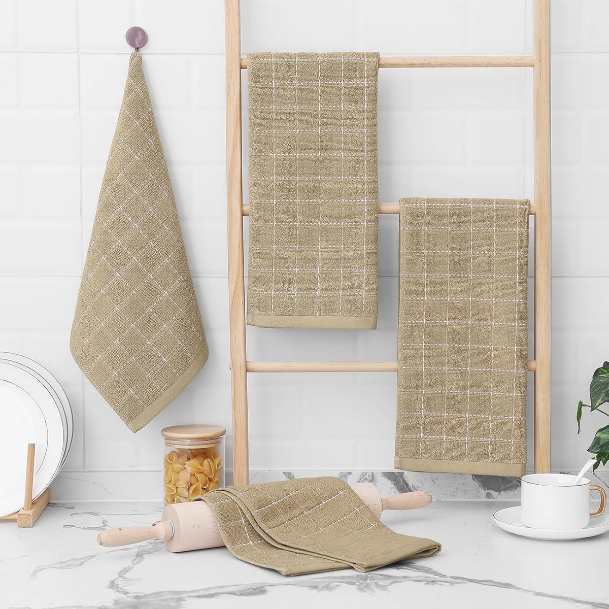 Homaxy 100% Cotton Terry Kitchen Towels(Tan, 13 x 28 inches), Checkered Designed, Soft and Super Absorbent Dish Towels, 4 Pack