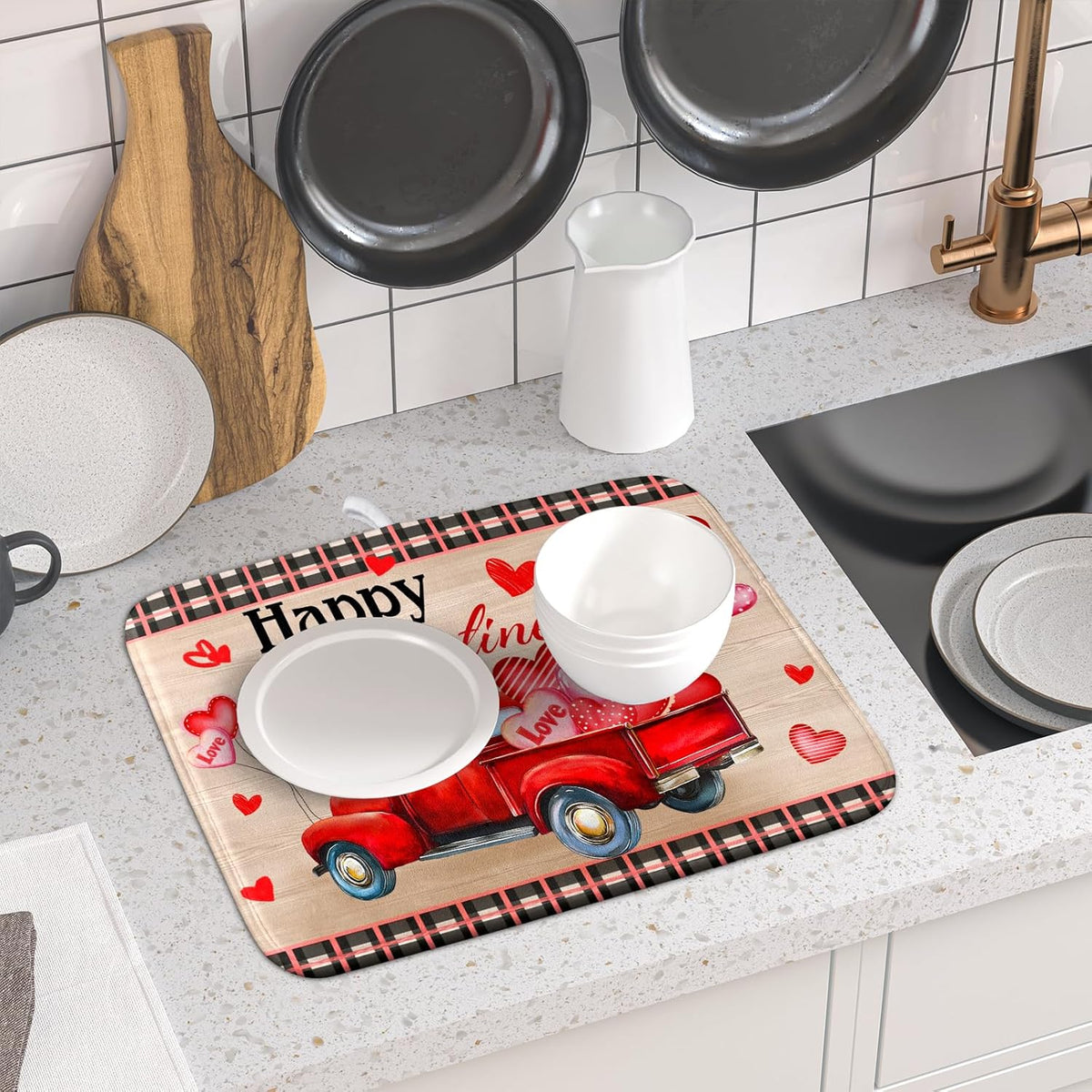 Valentine's Day Truck Dish Drying Mat 16x18 inch Love Heart Washable Absorbent Dishes Pad Dish Drainer Mat for Kitchen Counter Sink Coffee