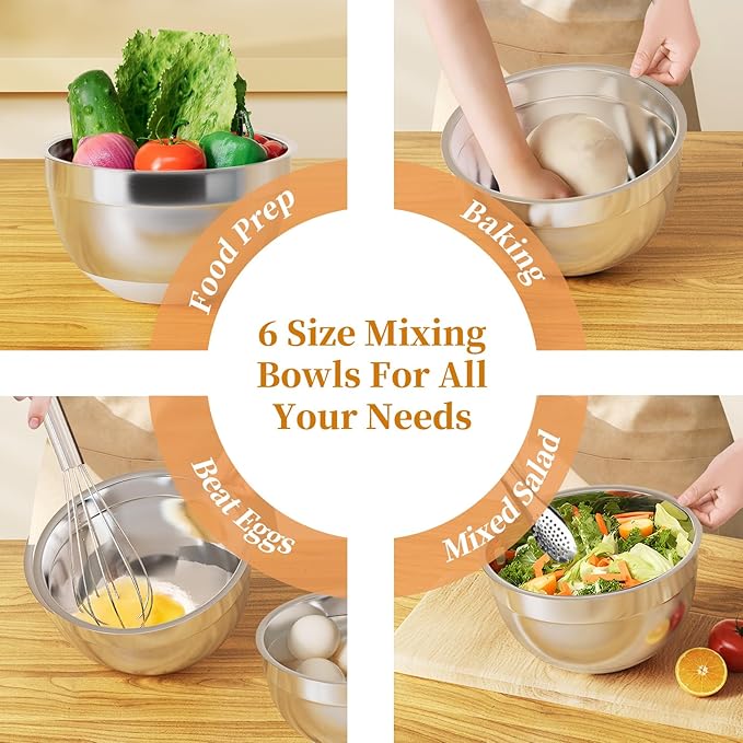 Fyrnova Mixing Bowls with Lids Set, 6 Piece Stainless Steel Nesting Storage Bowls for Kitchen, with 3 Grater Attachments & Non-Slip Bottoms, Size 5.5,3.5,2.5,2.1,1.5,1.1 QT