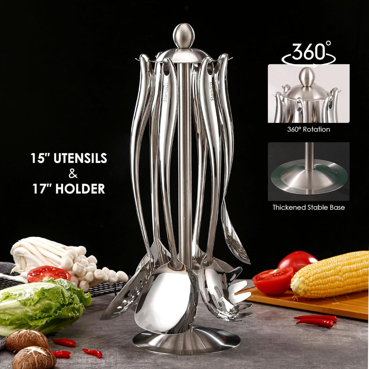18/10 Stainless Steel Cooking Utensils Set with Holder, 7-Pieces All Metal Kitchen Utensils, 15’’ Long Kitchen Tools with Countertop Rotating Stand, Spatula, Ladle, Skimmer, Tunner, Pasta, Large Spoon