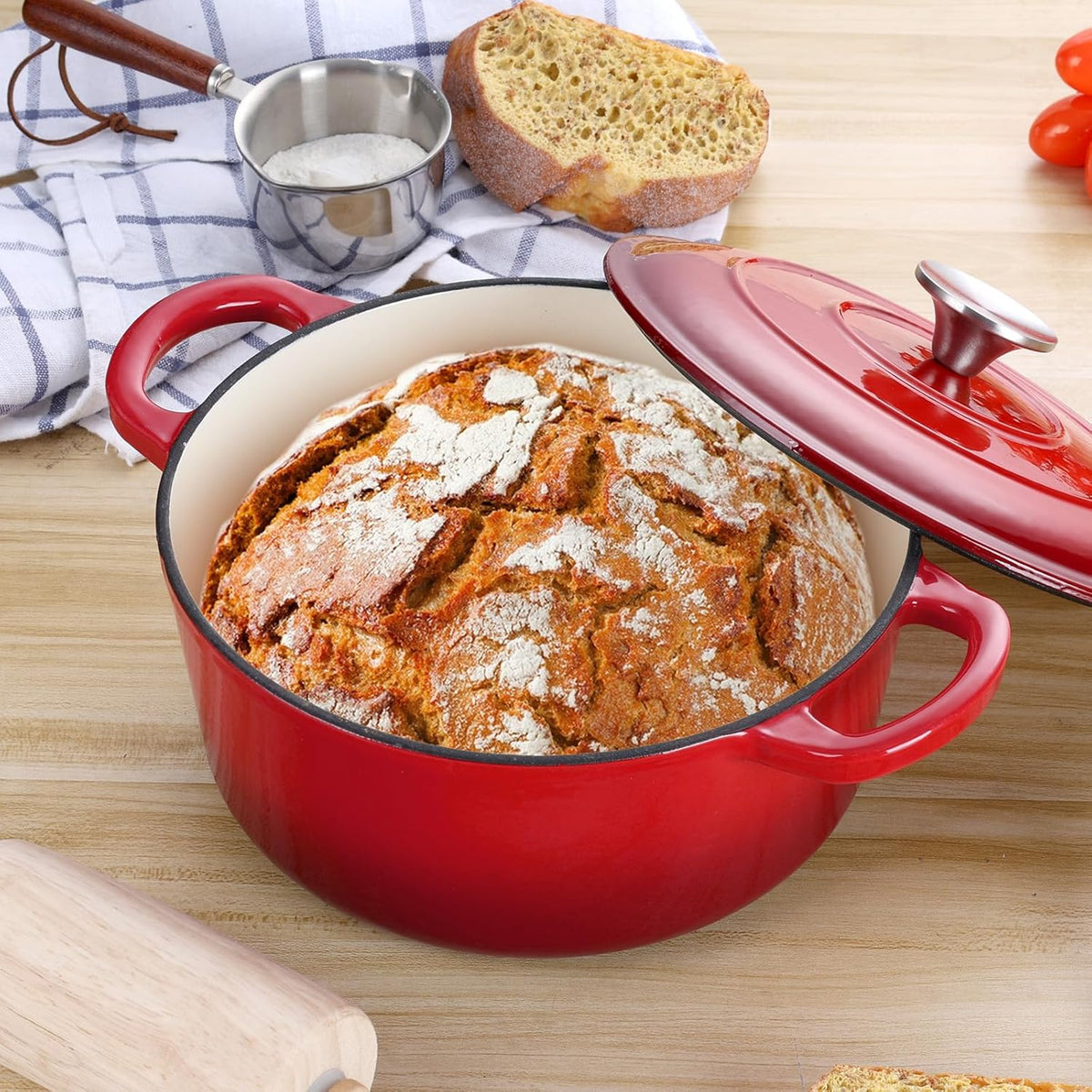 3 Qt Enameled Cast Iron Dutch Oven with Lid, E-far Small Round Nonstick Dutch Oven Pot for Bread Baking Braising Stews Roasting Cooking, Heavy Duty, Induction & Oven Safe - Red