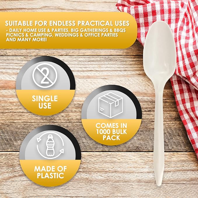 PAMI Bulk Plastic Spoons 1000 Count Disposable Medium Weight Sturdy Cutlery for Parties and Catering (Teaspoons Teaspoons White)