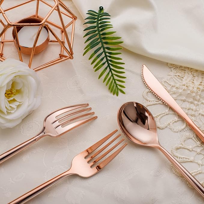 SUT 150Pcs Rose Gold Plastic Silverware, Disposable Cutlery Set, Heavy Duty Plastic Flatware Set,Disposable Rose Gold Utensils Include 50 Forks,50 Spoons, 50 Knives Perfect for Party