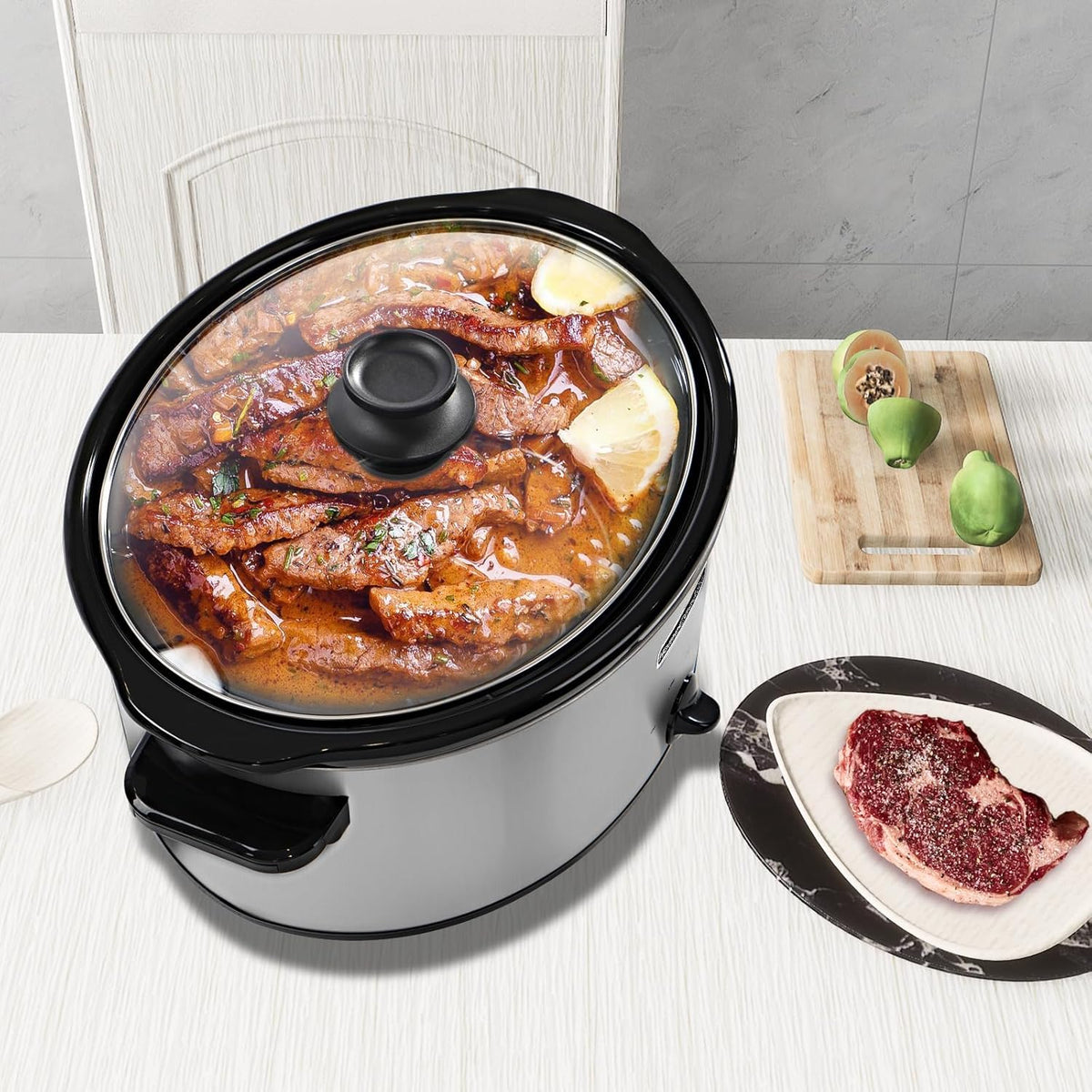 HOMECOOKIN 8 Quart Slow Cooker Oval Manual Pot Food Warmer with 3 Cooking Settings, Stainless Steel