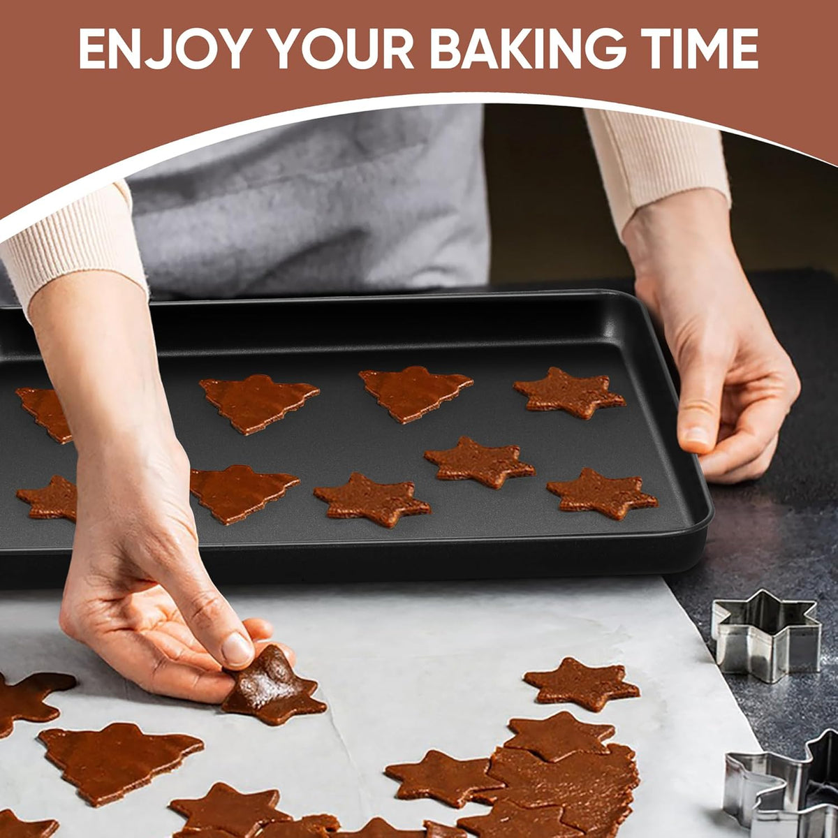 E-far Baking Sheet Set of 2, 16" x 12" x 1" Large Cookie Sheet Pan for Baking, Nonstick Carbon Steel Baking Trays for Oven, Heat-Resistant & Easy Clean, Black