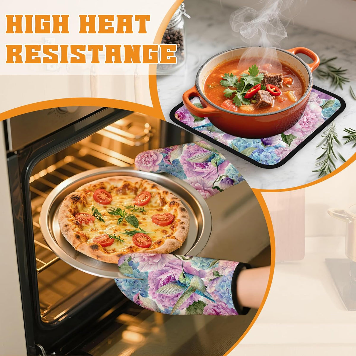 Hummingbird Oven Mitts and Pot Holders Set,Pink Flower Floral Kitchen Decor Heat Resistant Non Slip Hot Pads and Oven Mitt for Chef Cooking Baking BBQ Mom Girl Gifts(4 Piece Set)