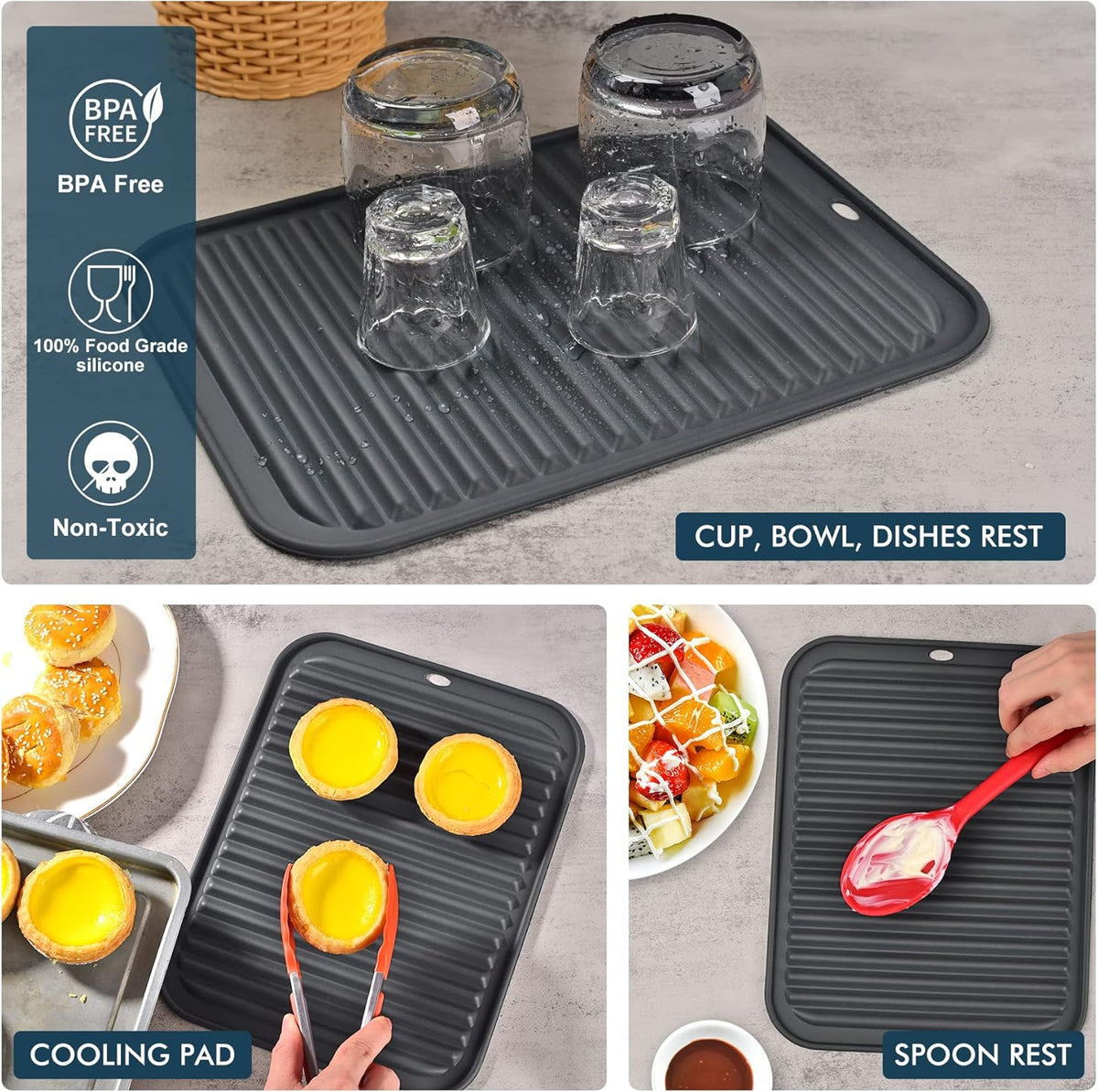 HOTEC BPA Free Silicone Trivets for Hot pots and Pans, 446℉ Heat Resistant for Kitchen Counter Dish Drying Mat, Set of 2 Dark Grey