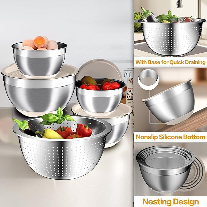 Mixing Bowls with Airtight Lids Set, 4 Stainless Steel Bowls Nesting Bowls & Colander, Kitchen Organizers and Storage Non-Slip Bottom, Size 1.5/2.0/2.5/4.5QT, Great for Mixing & Serving, Khaki