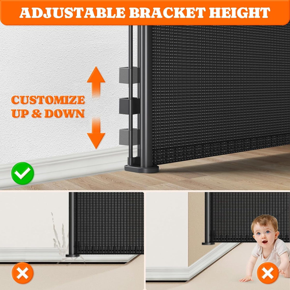 Pawtners Retractable Baby Gates Extra Wide, 41" Tall Extends up to 120" Wide, Dog Gate Indoor for Stairs, Pet Gate with Support Rods for Doorways Hallways Indoor & Outdoor-Black