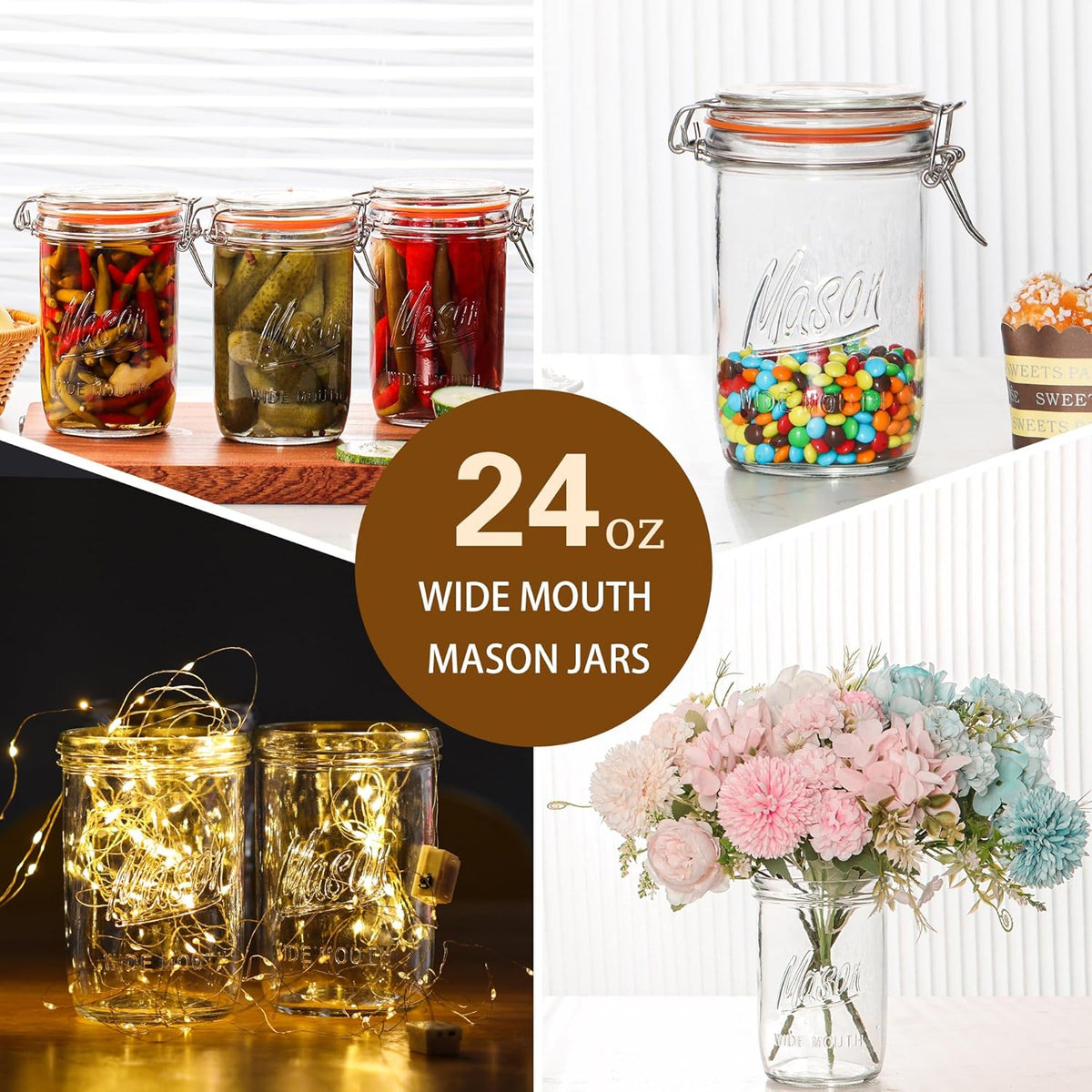24oz Wide Mouth Mason Jars – 6 Pack Glass Jars with Airtight Lids for Canning, Pickling, Meal Prep, Jam, Jelly, Overnight Oats & DIY Projects