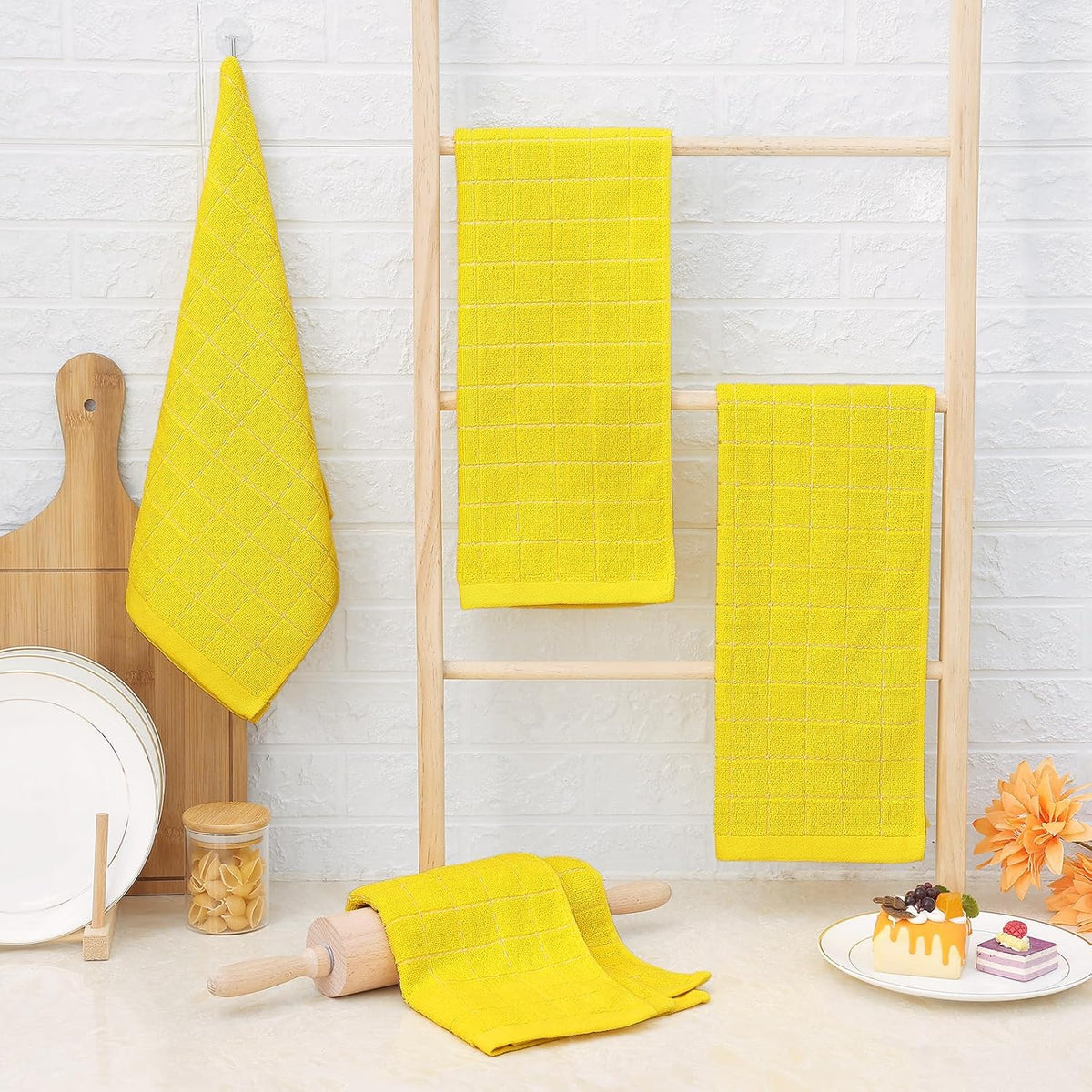 Homaxy 100% Cotton Terry Kitchen Towels(Yellow, 13 x 28 inches), Checkered Designed, Soft and Super Absorbent Dish Towels, 8 Pack