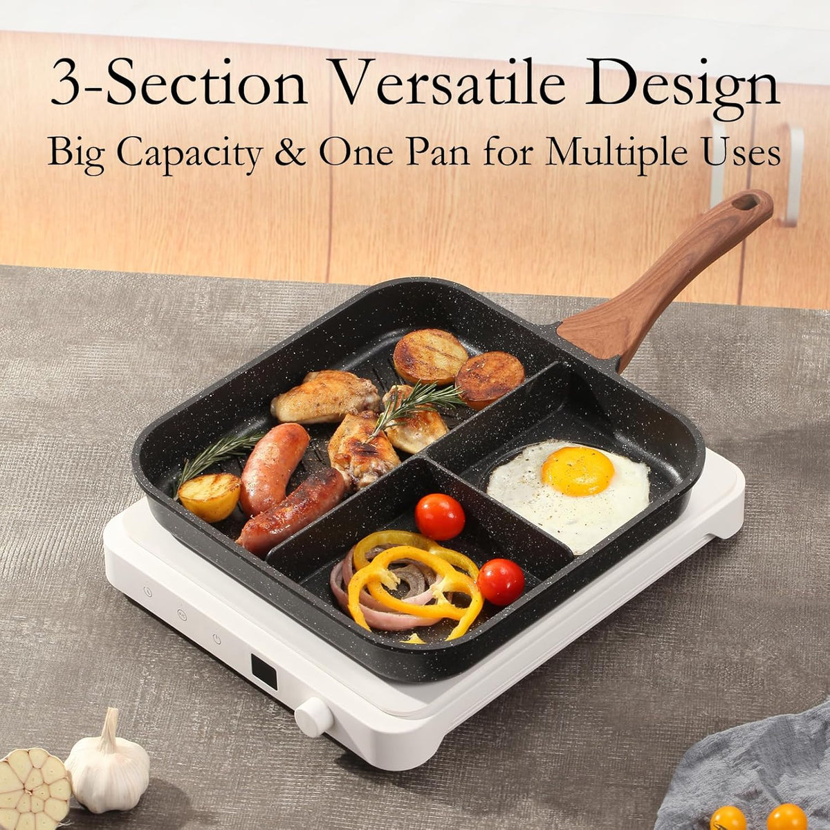 ESLITE LIFE 11 Inch Nonstick Divided Grill Pan with Lid for Indoor Cooking, Versatile 3-In-1 Induction Large Breakfast Pan for Stove Tops, PTFE & PFOA Free, Black