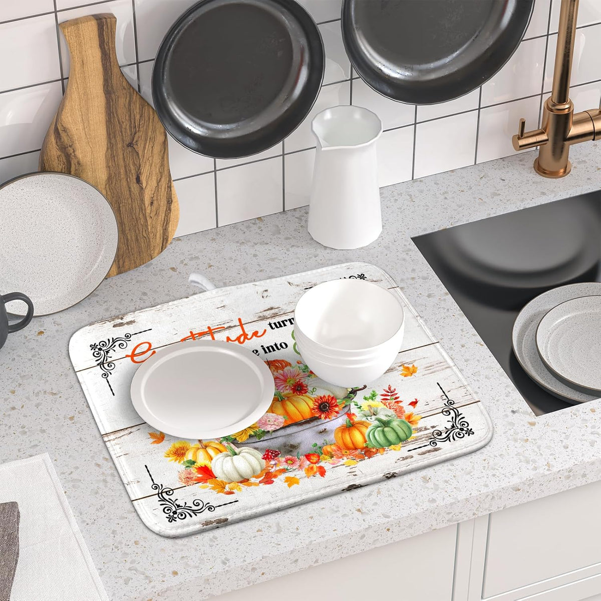 Fall Dish Drying Mats for Kitchen Counter Absorbent Autumn Dish Drainer Pad Home Decor