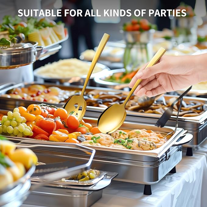 6 Piece Stainless Steel Serving Spoons Set - 3 Large, 3 Slotted, 9.2-Inch, Dishwasher Safe, for Parties/Kitchen/Buffet/Catering,Gold