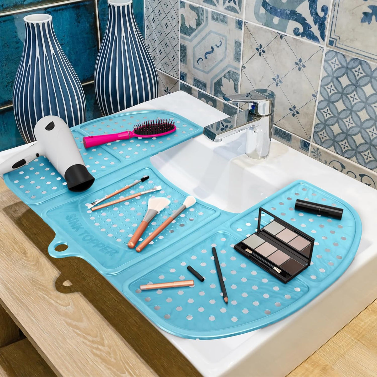 Sink Topper Bathroom Counter Cover & Storage Saver, Foldable Silicone Mat for Hot Tools, Hair Styling & Makeup, Beauty Brush Cleaning Mat, RV Camper Sink Cover & for Small Spaces (Large Pacific Blue)