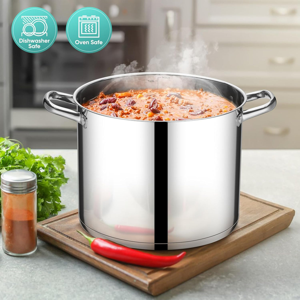 E-far 14 Quart Stainless Steel Stock Pot, Heavy Duty Induction Stockpot with Glass Lid for Cooking Soup Canning, Thick Tri-Ply Bottom & Riveted Handles, Compatible with All Stoves, Dishwasher Safe