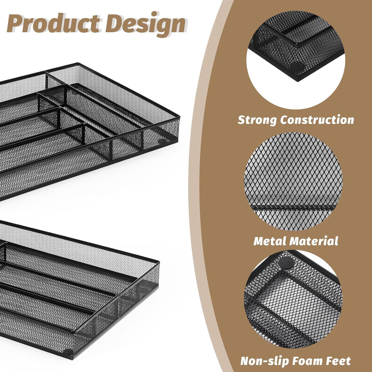 Silverware Organizer Metal Mesh, Large Drawer Organizer, Utensil Cutlery Tray for kitchen drawers, Flatware Organizer with 6 Compartment, Black (11.3”*16“)
