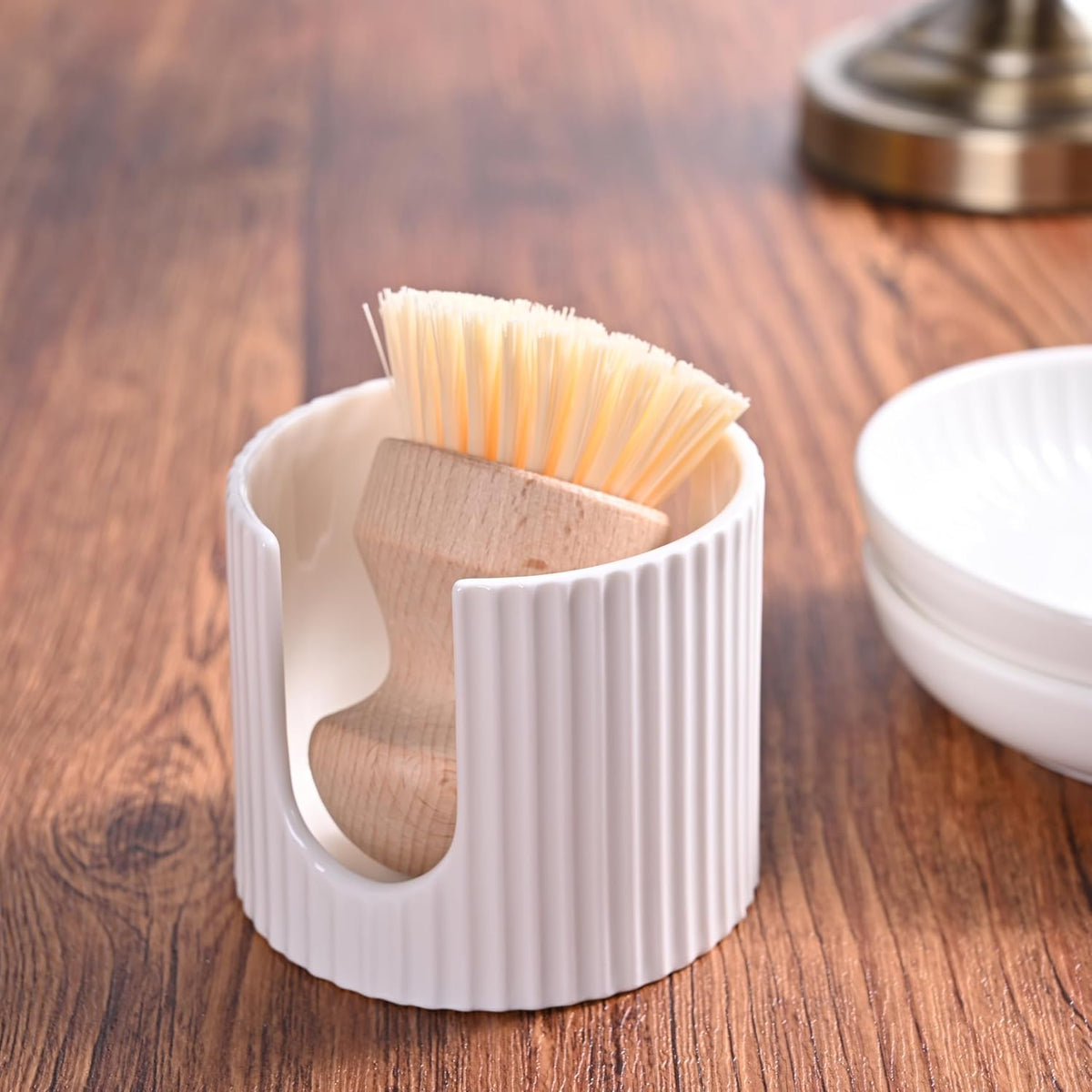 Ceramic Sponge Holder for Kitchen Sink - White Dish Sponge Caddy, Scouring Pads Drying Rack for Countertop