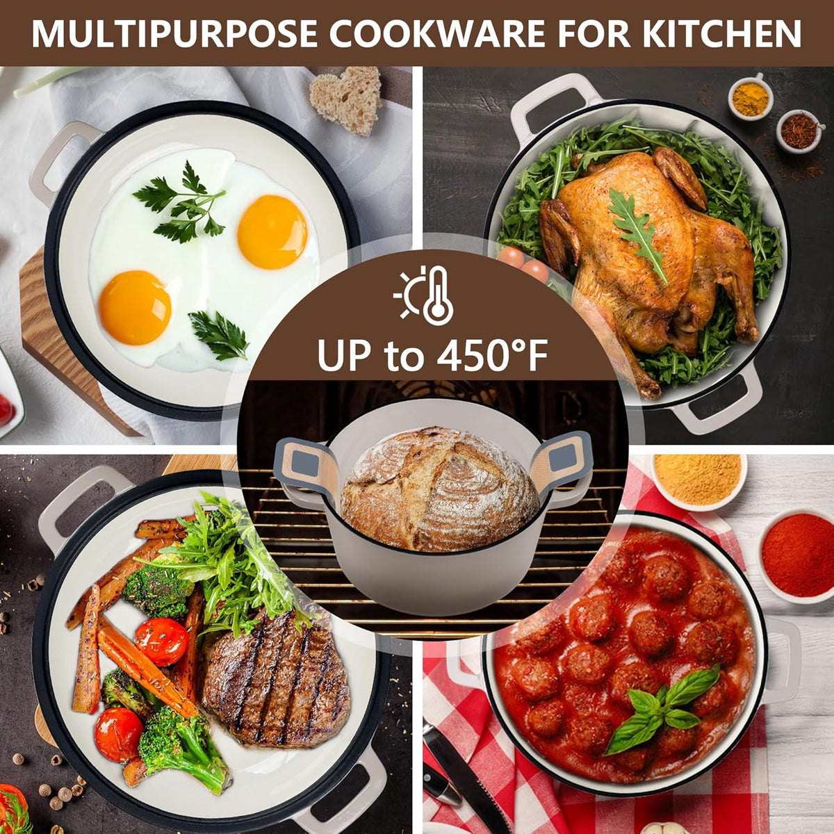 E-far 5 Quart Enameled Cast Iron Dutch Oven, 2 in 1 Dutch Oven Pot with Skillet Lid and Silicone Bread Sling, Ideal for Bread Baking, Cooking, Stewing, Frying, Induction & Oven Safe - Khaki