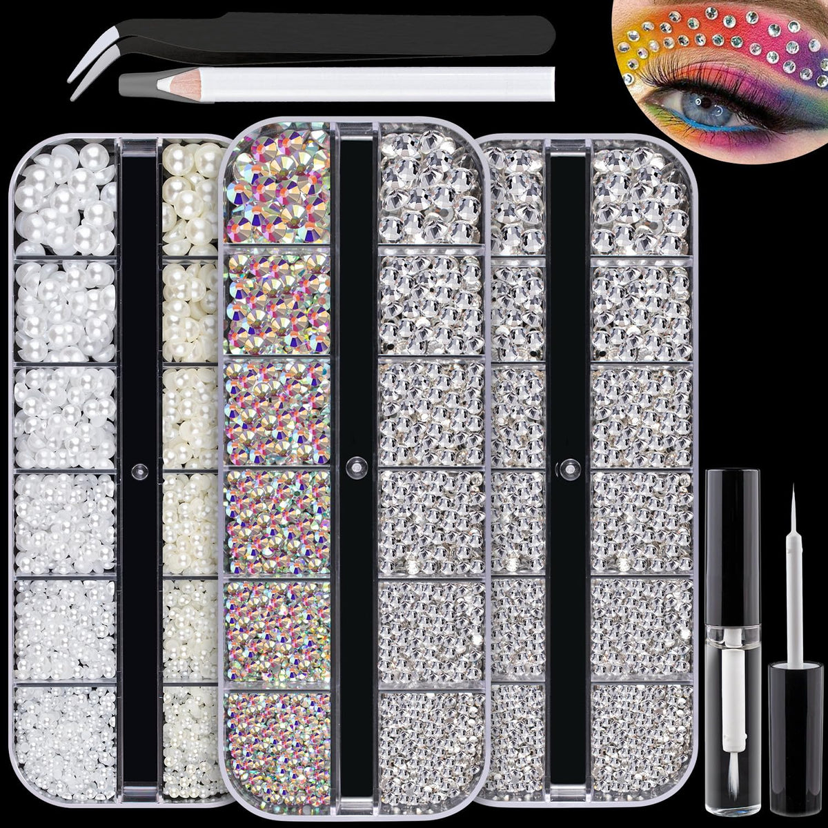 3600Pcs Face Gems For Makeup With Glue, Flatback Round Glass Crystal Ab & Clear + Clear Rhinestones, Half Round White & Beige Pe