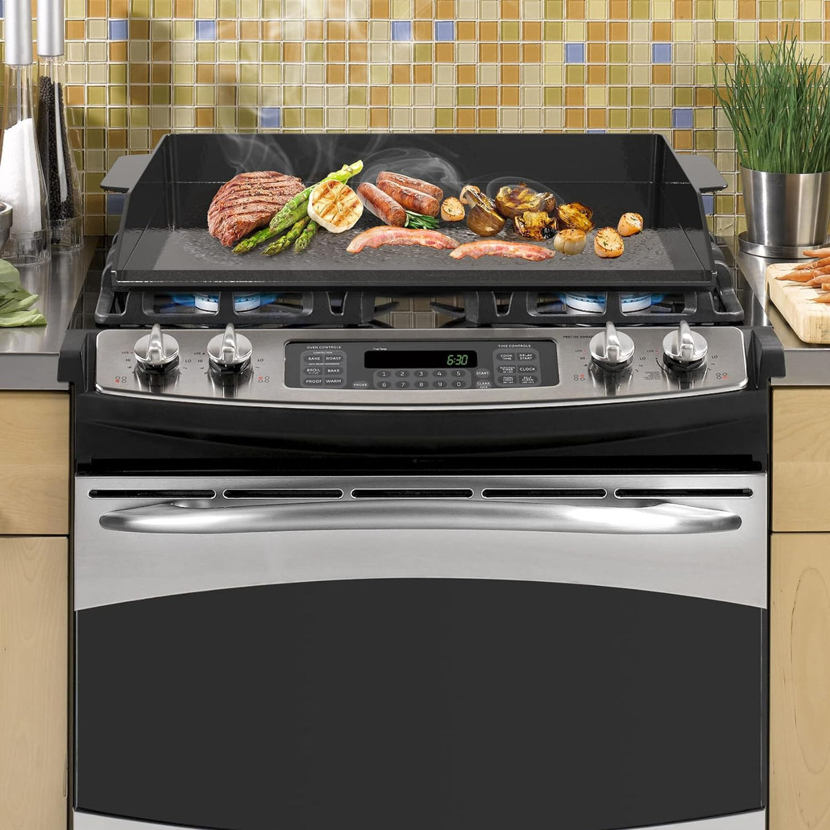 Onlyfire Universal Enamelled Cast Iron Cooking Griddle, Nonstick Coating Griddle Flat Top Grill Plate with extra high sidewalls for All Gas Grills and 4 Burner Range Oven, 23" x 16"