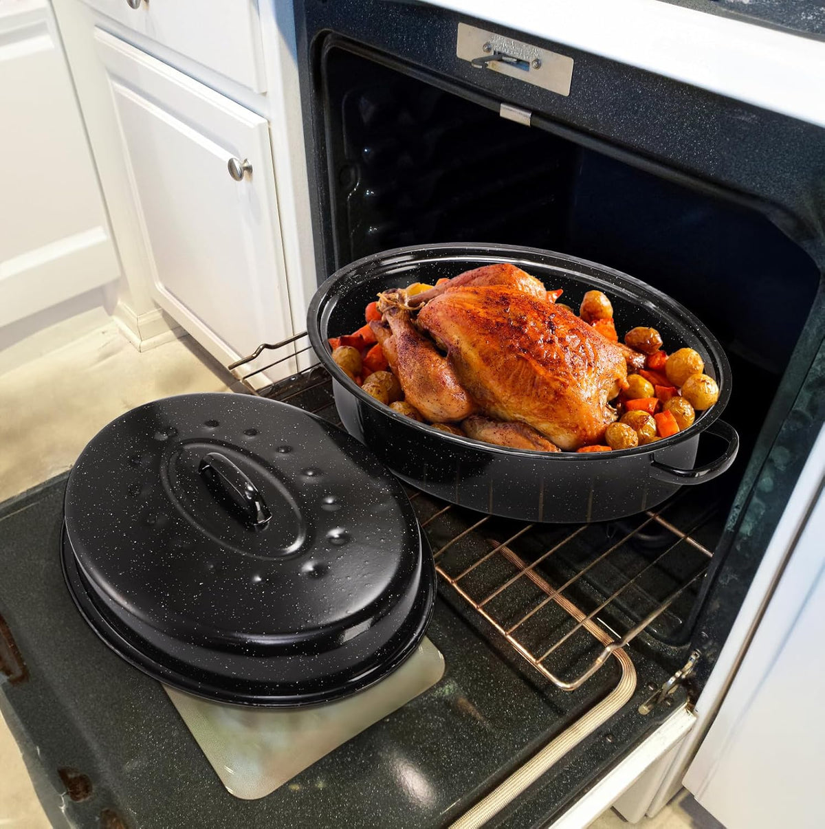 TOPZEA Granite Roasting Pan with Lid, 18" x 12.5" Turkey Roaster Pan Enameled on Steel Nonstick, Covered Oval Roaster Pot Oven Broiler Pan Cookware for Turkey, Chicken, Ham Meat Roast, Dishwasher Safe