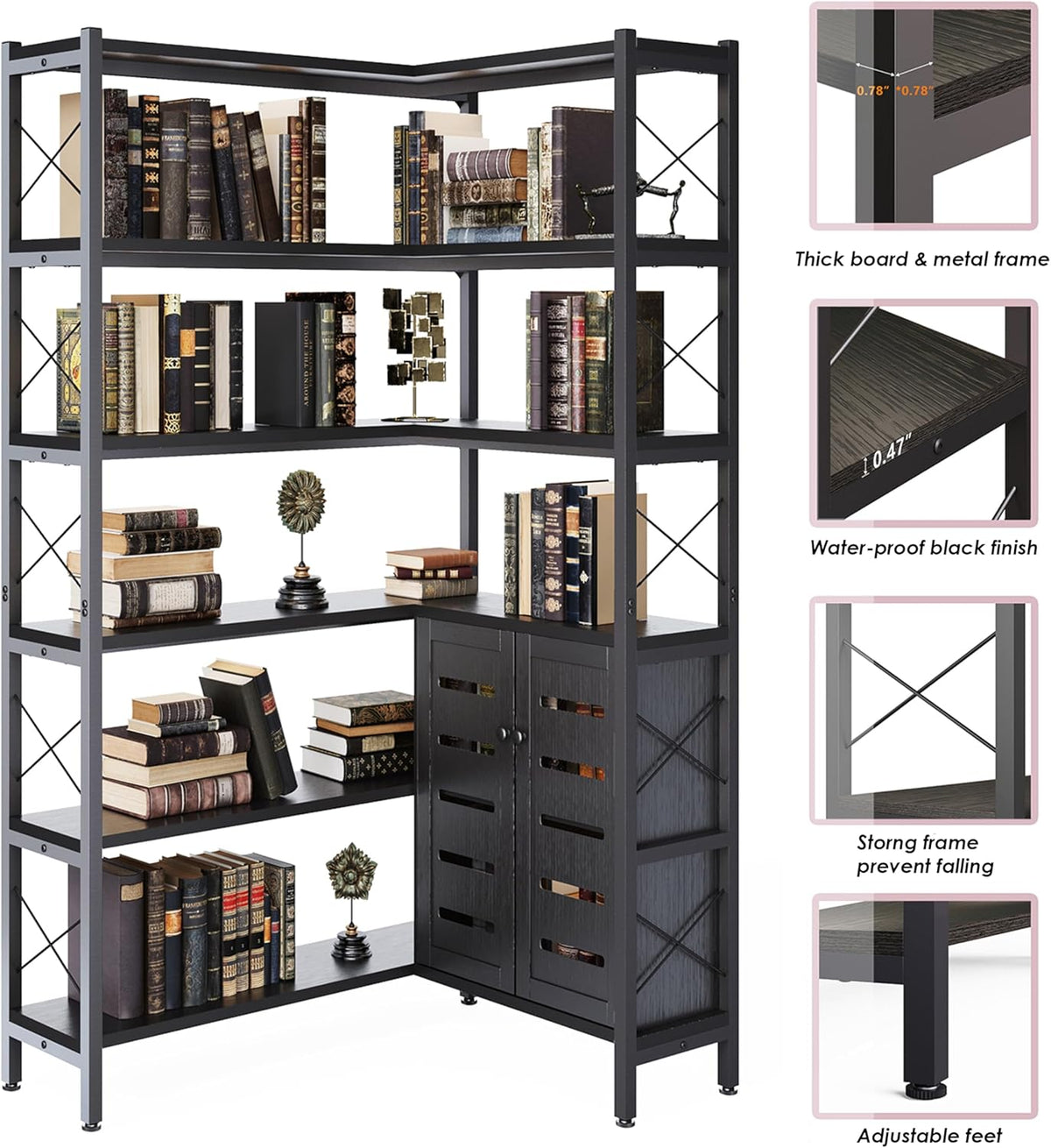 Corner Bookshelves and Bookcases Industrial Corner Etagere Bookcase L Shaped Shelf 6 Tiers with Metal Frame for Living Room Home Office