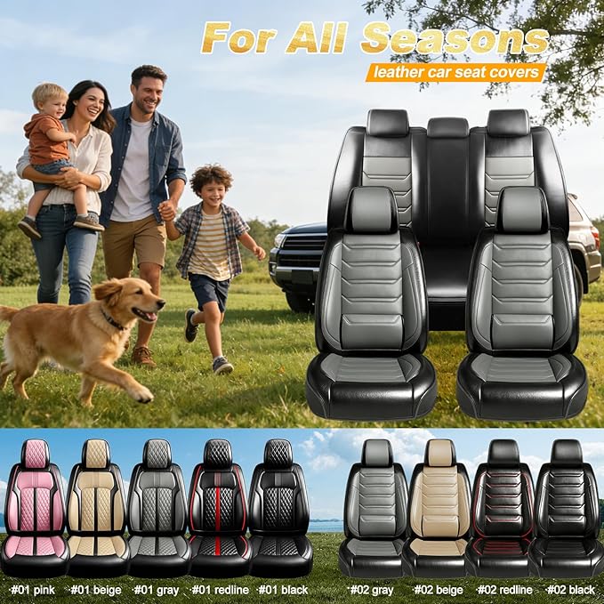 Car Seat Covers for Select Honda Fit 2007-2020, Premium Full Coverage Leather, Airbag Compatible& Scratch-Resistant, Waterproof & All Weather Breathable Seat Protector, Full Set, Black+Gray