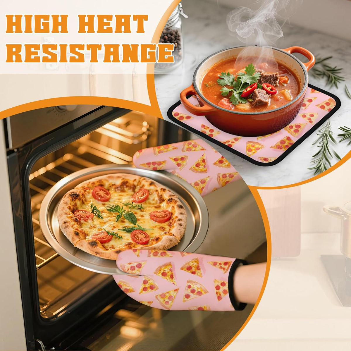 Cute Pizza Oven Mitts and Pot Holders,Heat Resistant Oven Mitts Gloves and Pot Holder for Home Kitchen Decorations Cooking Baking BBQ Gifts,Set of 4