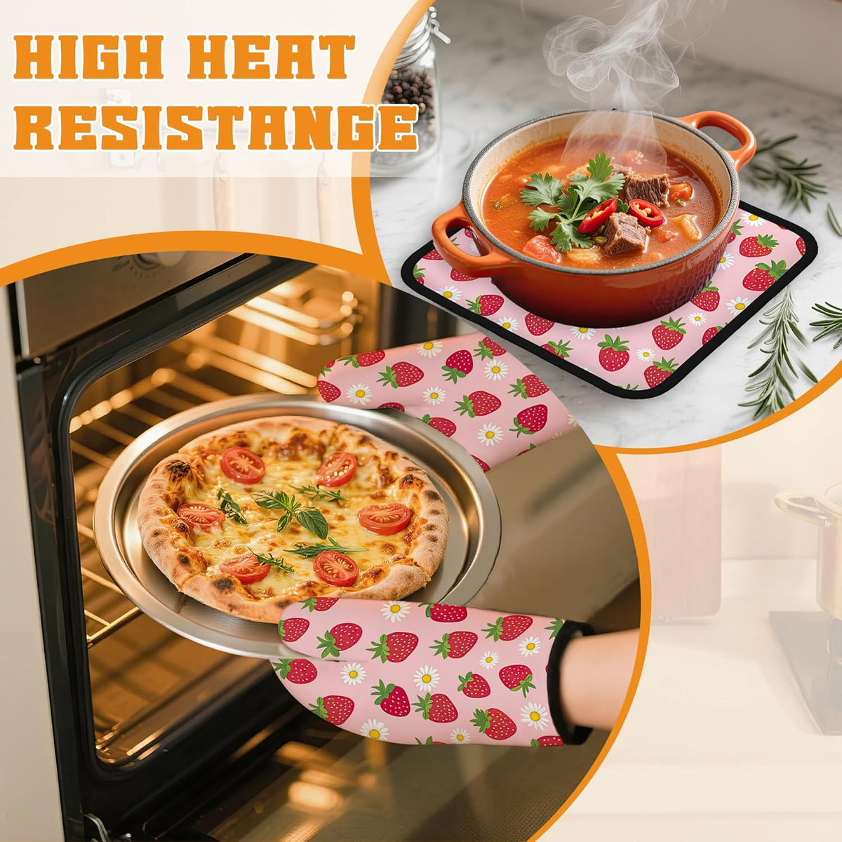 Cute Strawberry Oven Mitts and Pot Holders,Daisy Heat Resistant Oven Mitts Gloves and Pot Holder for Home Kitchen Decorations Cooking Baking BBQ Gifts,Set of 4