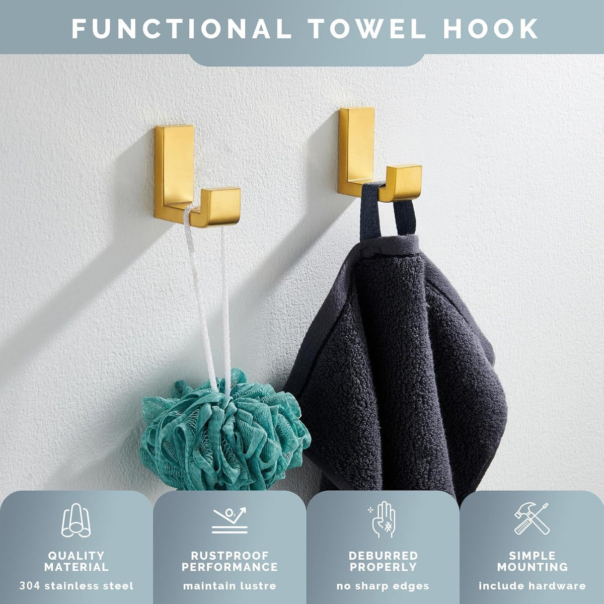 Angle Simple Towel Hook Brushed Gold 2 Pack, 304 Stainless Steel Robe Hook for Bathroom