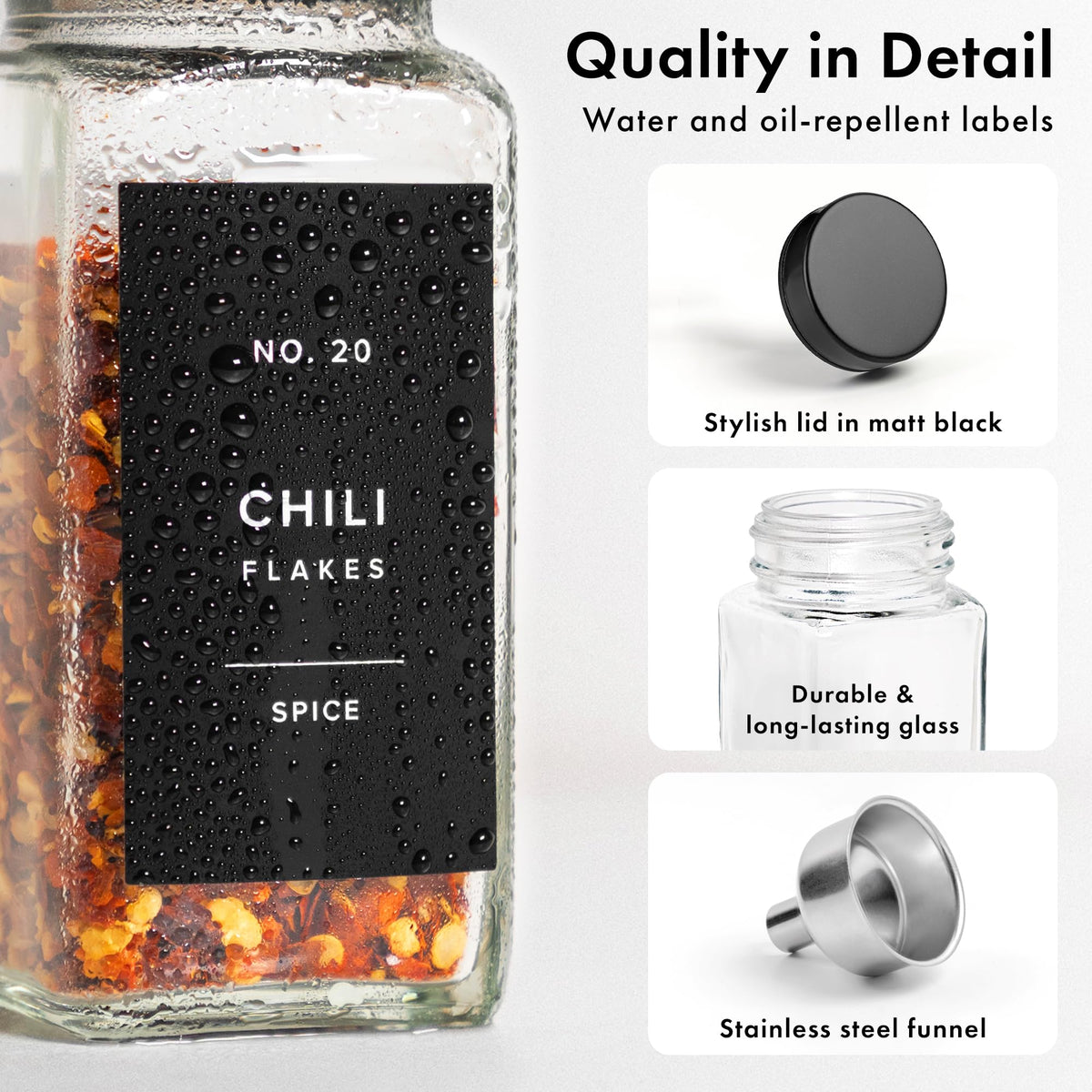 EDELHAUS Glass Spice Jars with Label, Seasoning Set, 36x Black Steel Lids
