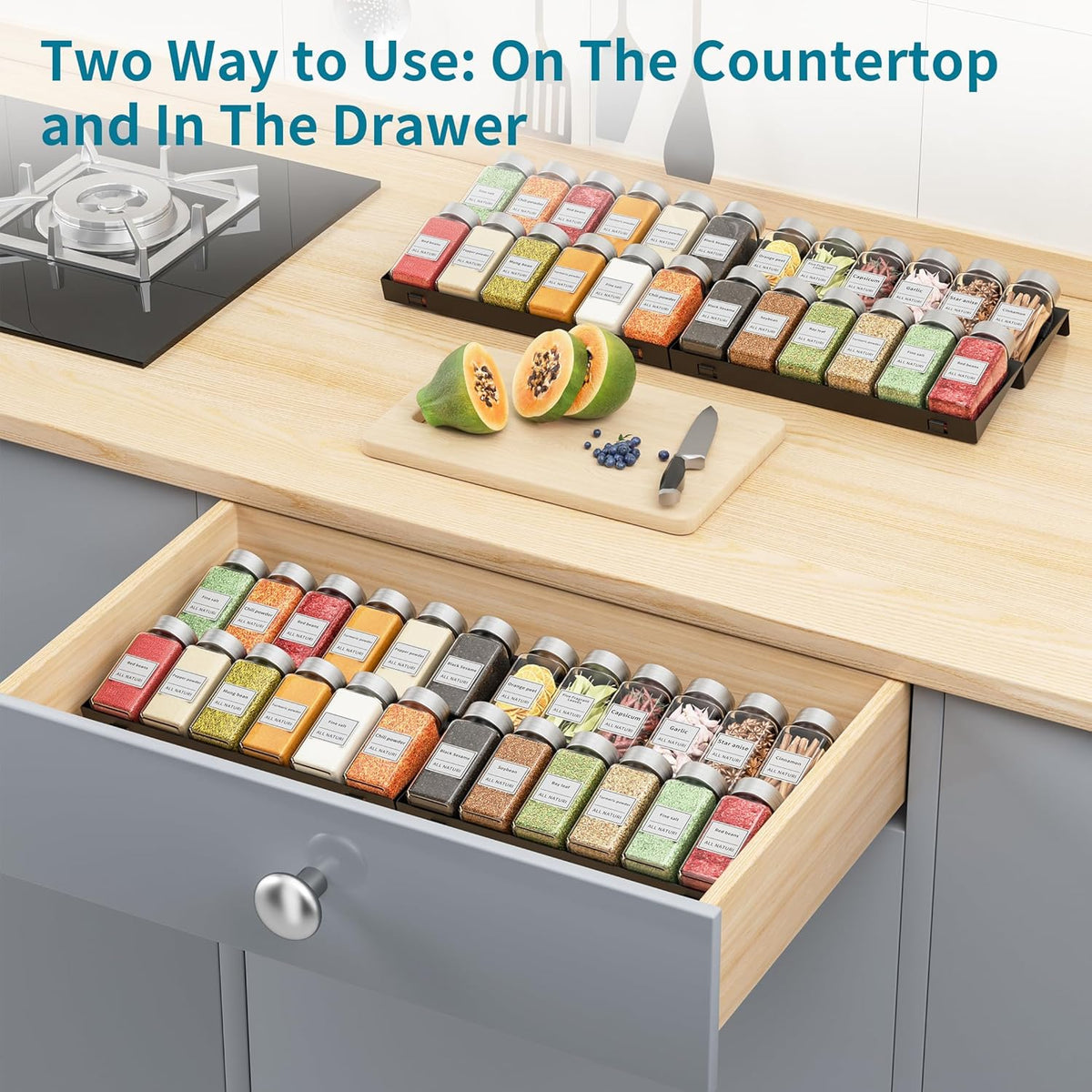 Spice Drawer Organizer, 4 Tier Metal Spice Organizer for Drawer Insert, Spice Organization for Drawer, Kitchen, Countertop, Pantry (Jars Not Included)