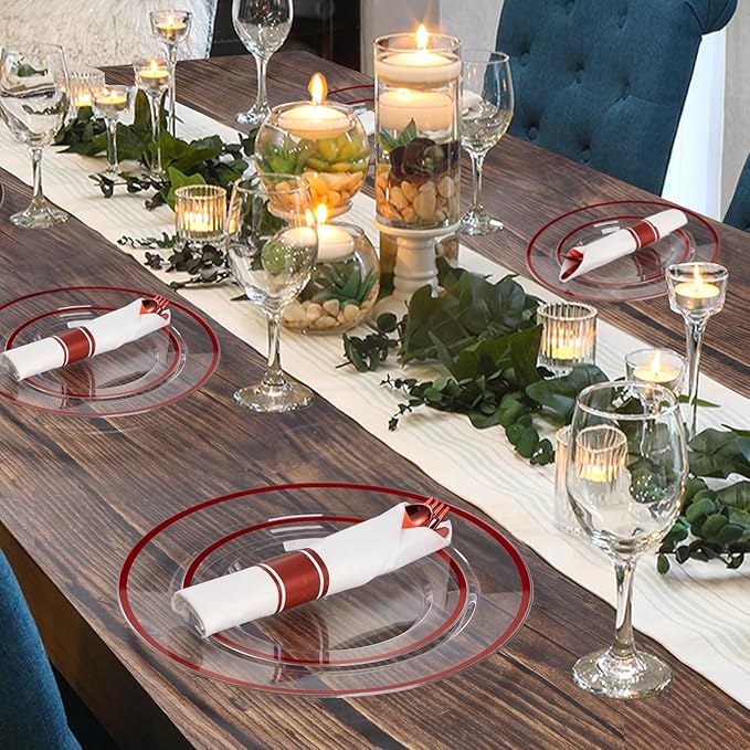 Goodluck 700 Piece Red Plastic Dinnerware Set for Party, Clear Disposable Plates for 100 Guests, Include: 100 Dinner Plates, 100 Dessert Plates, 100 Pre Rolled Napkins with Cutlery Set, 100 Cups