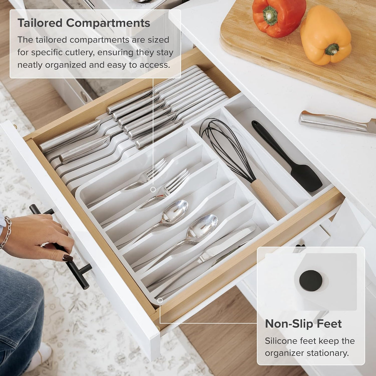 KitchenEdge Silverware Organizer - Cutlery, Flatware, and Utensil Holder for Kitchen Drawers, Fixed 10.5” Width, 7 Storage Compartments, Non-Slip Feet, Rounded Corners, 100% Bamboo, White Finish