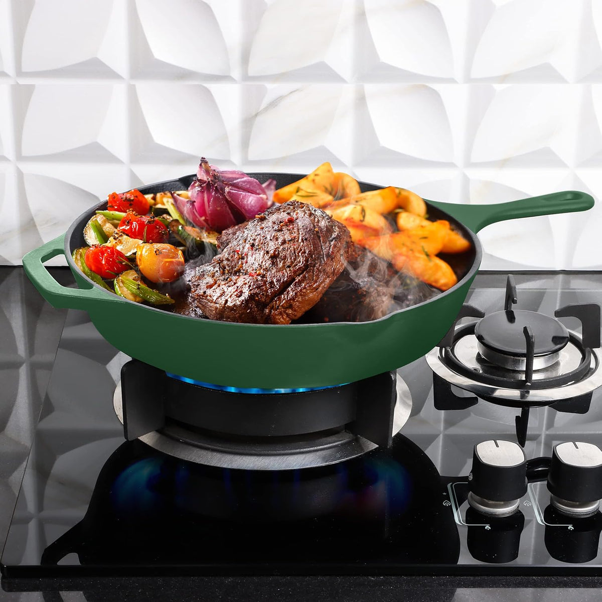 Utopia Kitchen Cast Iron Frying Pan 10.25 Inch, Cast Iron Chefs Pan, Pre Seasoned Skillet, Safe Grill Cookware for Indoor & Outdoor Use, Green