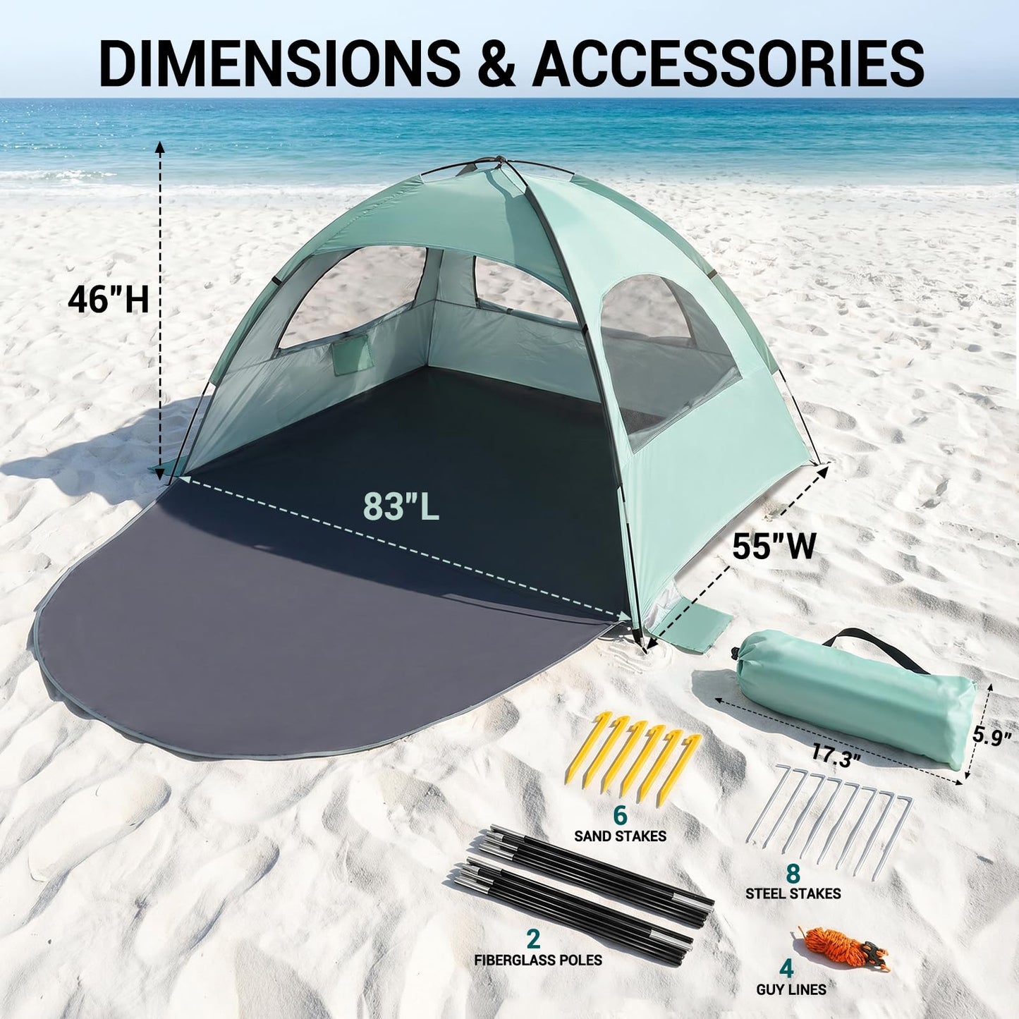 WhiteFang Beach Tent Anti-UV Portable Sun Shade Shelter for 3 Person, Extendable Floor with 3 Ventilating Mesh Windows Plus Carrying Bag, Stakes and Guy Lines (Mint Green)
